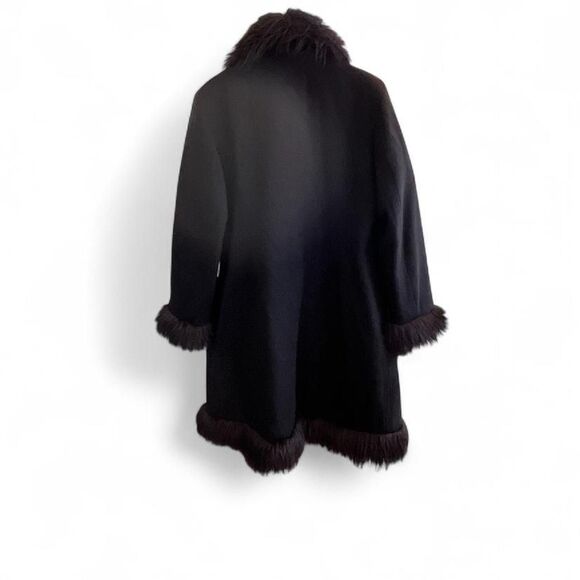 Vtg Y2K Pennylane black wool coat w/ black faux Mongolian afghan fur trim Sz XL - Picture 2 of 5